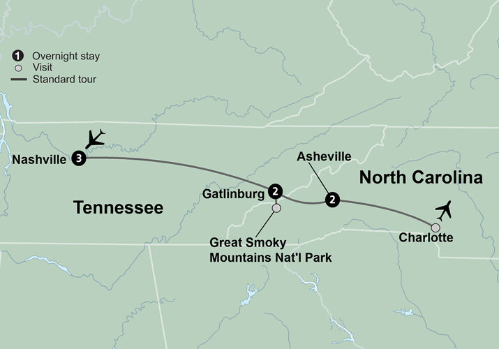 Nashville & smoky mountains tour map